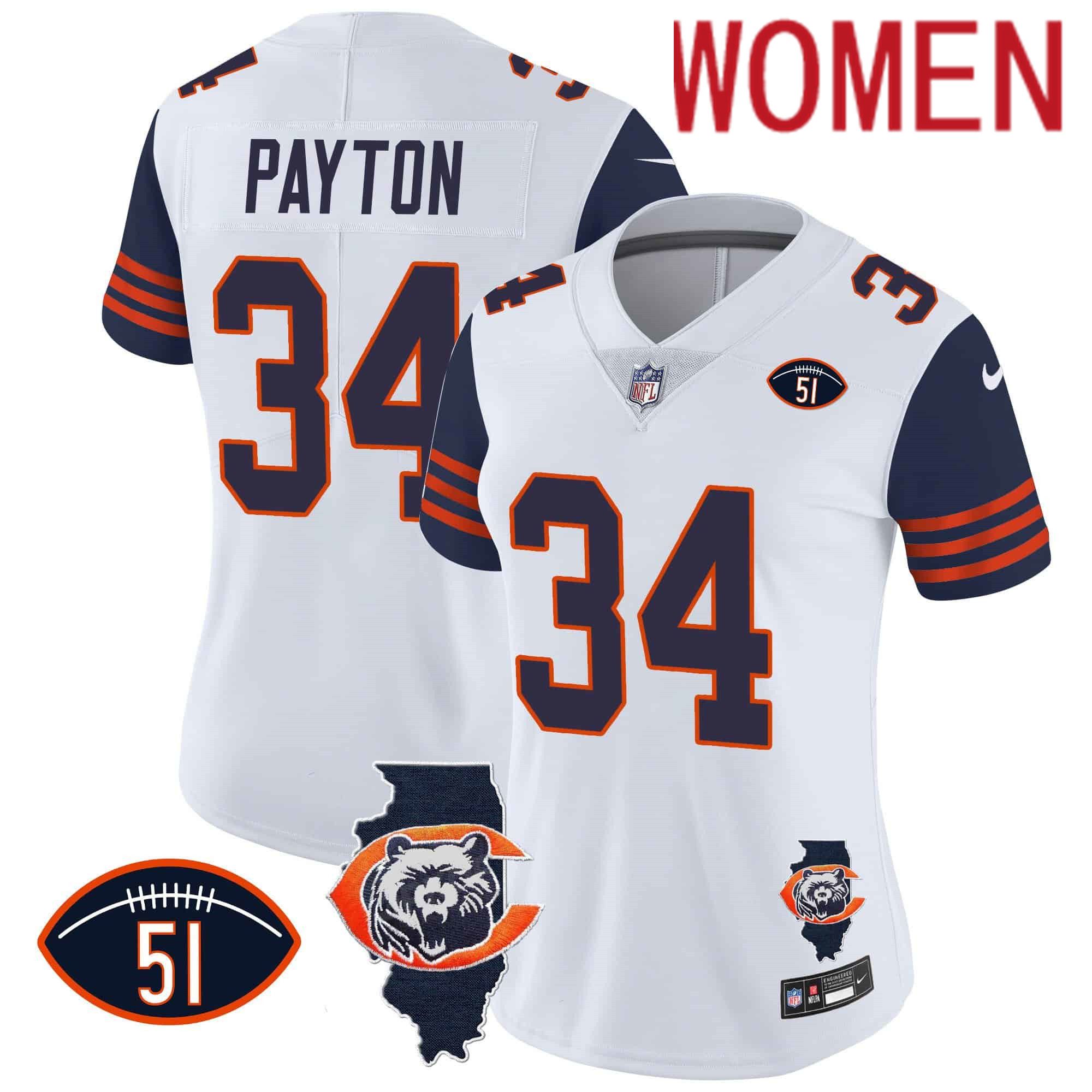Women Chicago Bears 34 Payton White 2024 Nike Throwback Illinois Patch Vapor NFL Jersey style 1